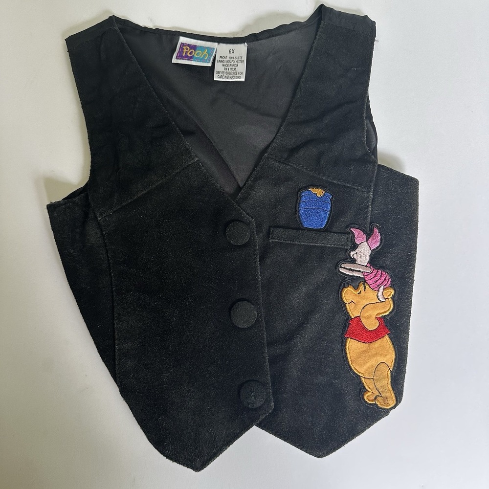 VTG Y2k Winnie the‎ Pooh Unlimited Vest 6X Black Suede  Waistcoat Button